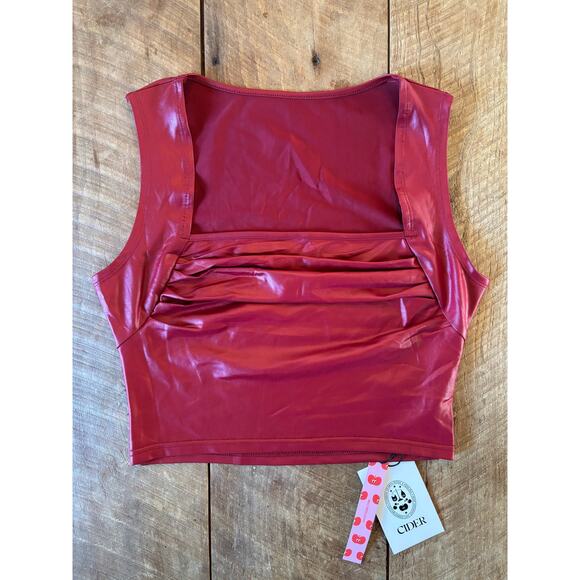 Cider Womens Wine Red Satin Cropped Top Size Small | Square Neck Ruched Tank NWT - Picture 3 of 12